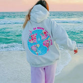 Women's grey flower letter embroidery hoodie with a loose fit and kangaroo pocket.